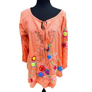 Vintage Pong Embroidered Floral Orange Tunic Top L 100% Cotton Boho Cottage Core